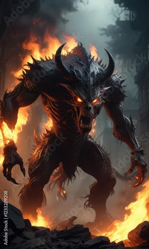 Demonic creatures surrounded by flames in a hellish vortex, surreal, hellish, flame