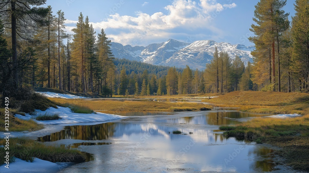 Beautiful mountain landscape with reflecting lake and forest in early spring sunshine Beautiful mountain landscape with reflecting lake and forest in early spring sunshine