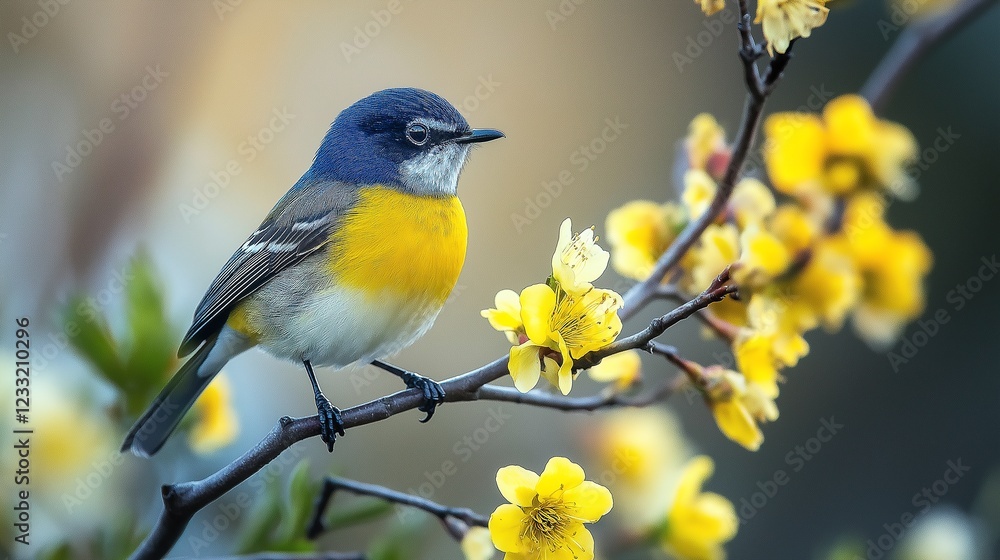 Colorful bird perched on a blooming branch during early spring in a serene natural setting Colorful bird perched on a blooming branch during early spring in a serene natural setting
