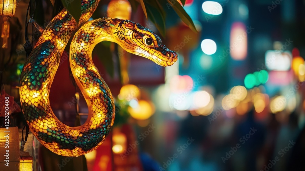 Obraz premium Illuminated Snake Lantern in Vibrant Night Market Setting