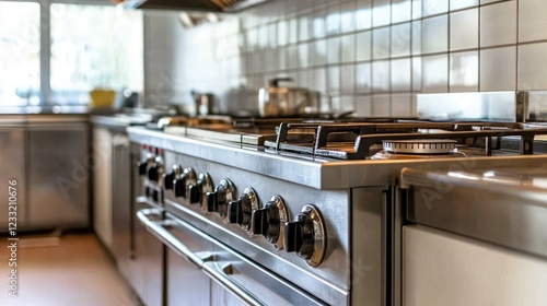 Interior of a modern kitchen with stainless steel stove and ovens