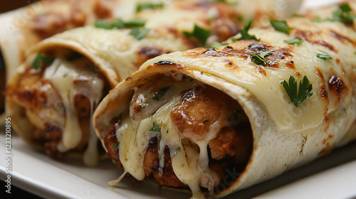 A close-up of crispy garlic chicken wraps with melted cheese and parsley on a white plate, offering a delicious, warm vibe. 
