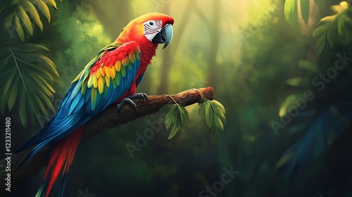 Wallpaper Mural Colorful Macaw Perching on Branch, Beautiful Exotic Bird Sitting in Nature, Vibrant Plumage Displayed, Tropical Wildlife Photography for Design Projects Torontodigital.ca