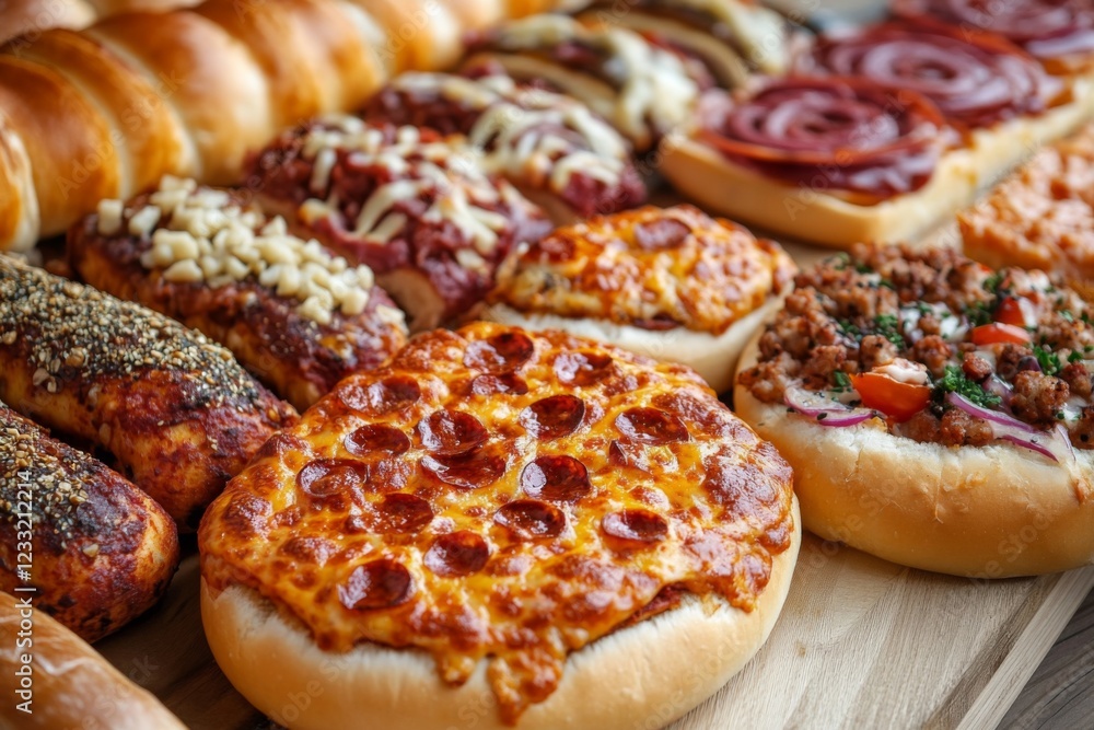 Assorted pizzas with various toppings on a wooden table Assorted pizzas with various toppings on a wooden table