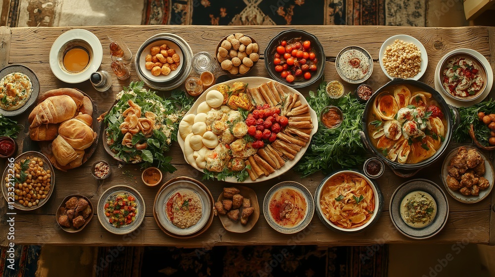 Delicious spread of traditional Middle Eastern dishes served at a family gathering on a rustic wooden table Delicious spread of traditional Middle Eastern dishes served at a family gathering on a rustic wooden table