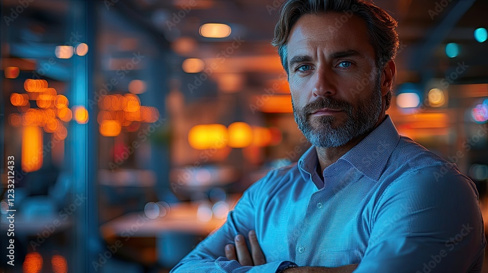 Fototapeta premium Portrait of a man in a blue shirt with arms crossed against a blurred background