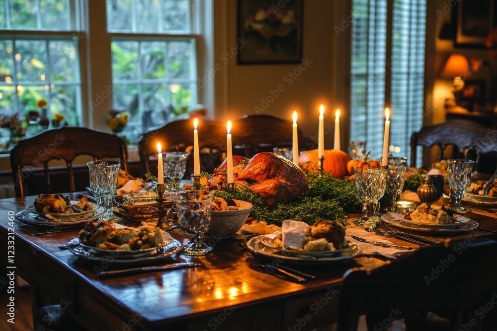 Festive dining table setup with candles and autumn-themed decor Festive dining table setup with candles and autumn-themed decor