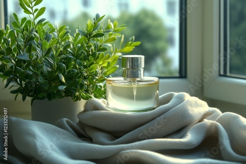 Glass teapot and cup with fresh green tea on a windowsill photo