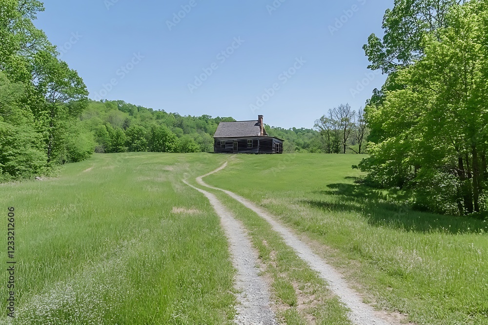 Antique Wooden Cabin in a Lush Green Field
