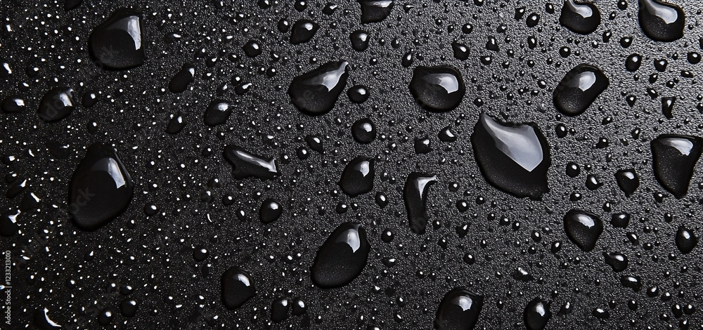 Close up top view of water droplets on a black textured surface creating raindrop texture Close up top view of water droplets on a black textured surface creating raindrop texture