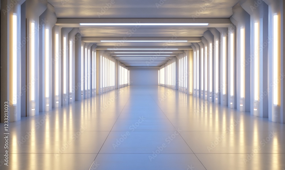 Futuristic corridor, glowing lights, reflective floor, empty space, modern architecture, background design Futuristic corridor, glowing lights, reflective floor, empty space, modern architecture, background design