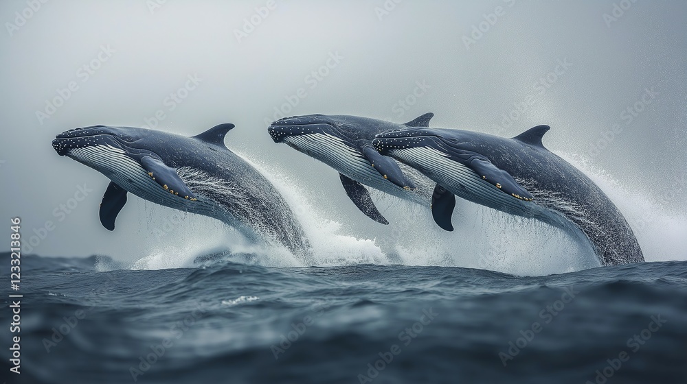 Obraz premium Humpback whales breach and splash in the ocean during a misty morning near the coast