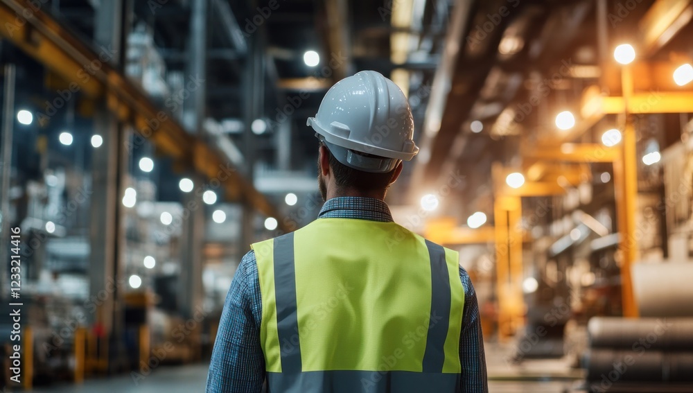 Industrial Worker Contemplating Factory Production Line Industrial Worker Contemplating Factory Production Line