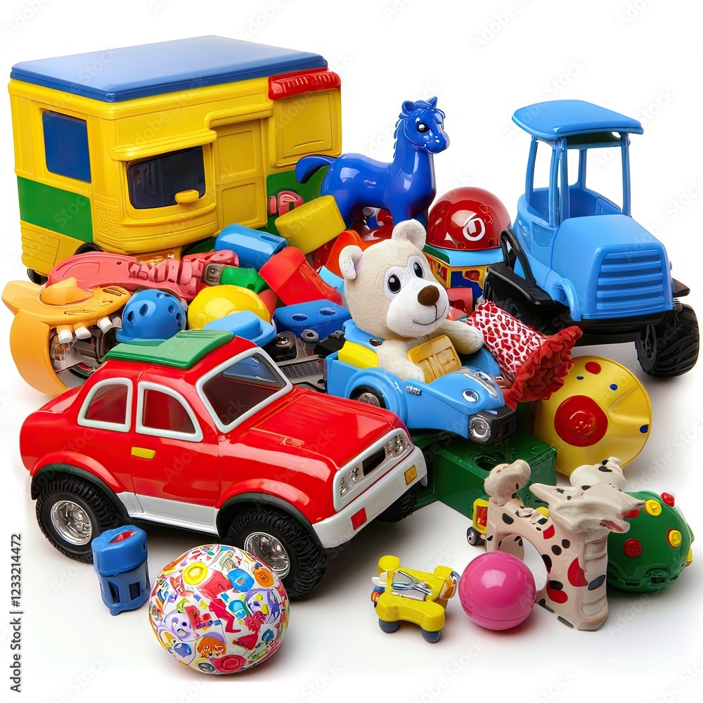 Obraz premium Colorful plastic toys, pile, studio, white background, children's play