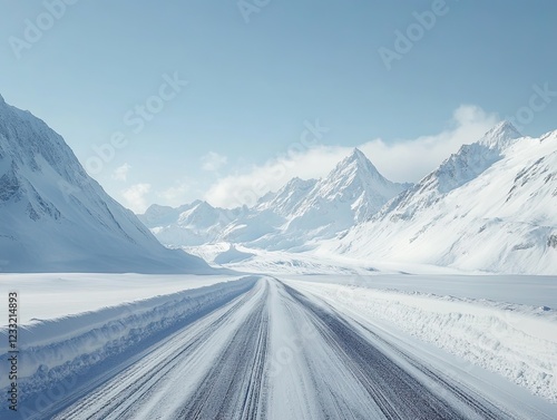 Wallpaper Mural A snowy road stretching through majestic snow covered mountains on a clear day Torontodigital.ca