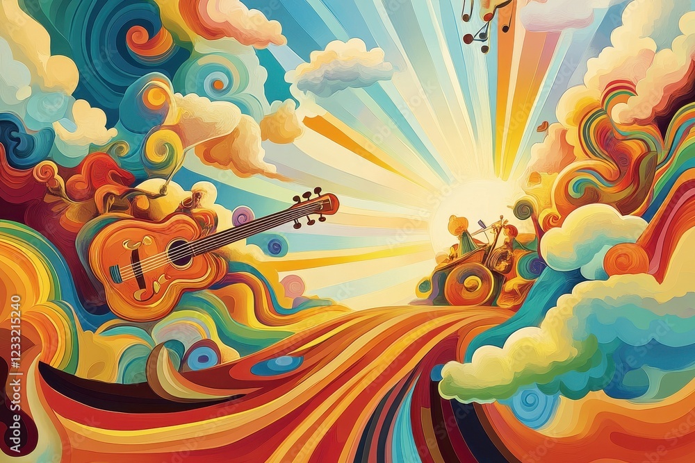 Obraz premium Vibrant Abstract Music Scene With Guitar and Sun