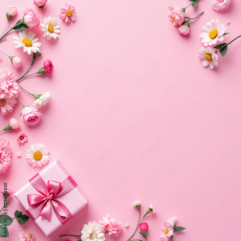 Fototapeta premium Beautifully wrapped present on a pastel candy-colored floral flat lay background. Perfect for Mother's Day, Women's Day, Valentine's Day, or Birthday greeting cards. Ample copy space for text.