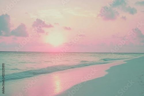 Soft Pastel Sunset Sky over Calm Ocean Waves on a Serene Maldives Beach Scene photo