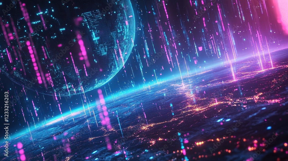 Fototapeta premium A neon cyber-fantasy landscape featuring floating holographic continents, interconnected by glowing energy streams representing digital trade networks. 