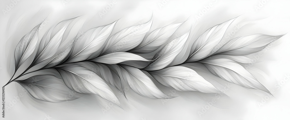 Fototapeta premium Grayscale Illustration of Delicate Branch with Soft White Leaves
