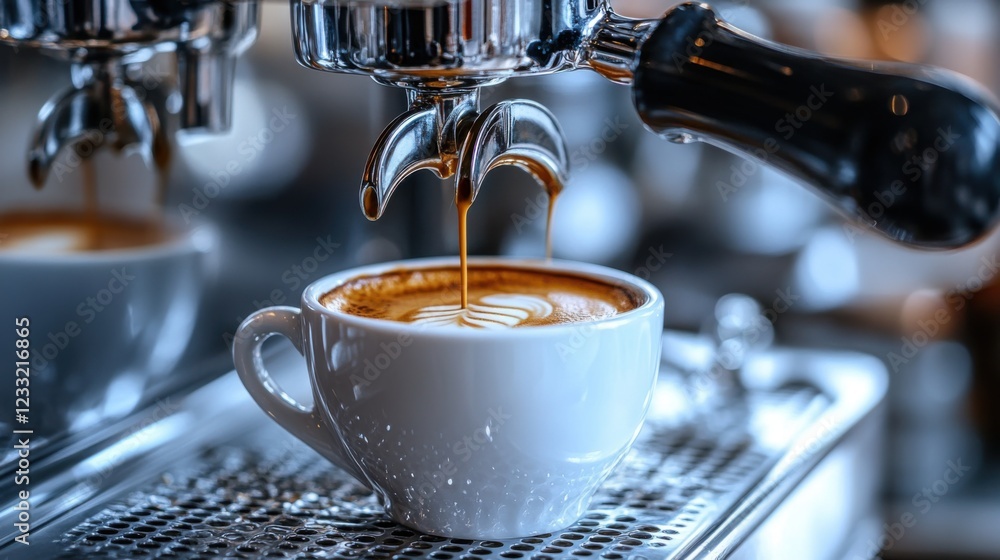 Freshly Brewed Espresso Coffee Being Poured in a White Cup by Coffee Machine with Beautiful Latte Art Design Freshly Brewed Espresso Coffee Being Poured in a White Cup by Coffee Machine with Beautiful Latte Art Design