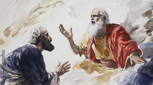 Moses pleading with Pharaoh in poignant watercolor scene, capturing emotion