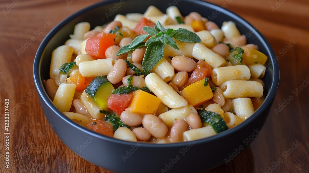 Bowl of pasta e fagioli colorful vegetables and hearty beans captured in a clean topdown shot Bowl of pasta e fagioli colorful vegetables and hearty beans captured in a clean topdown shot