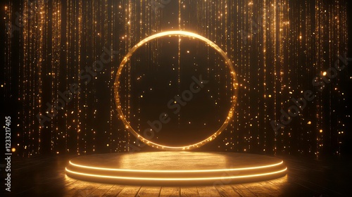 Gold Award Ceremony Stage Podium Soft Light Circular Display Glittering Background Elegant Night Scene