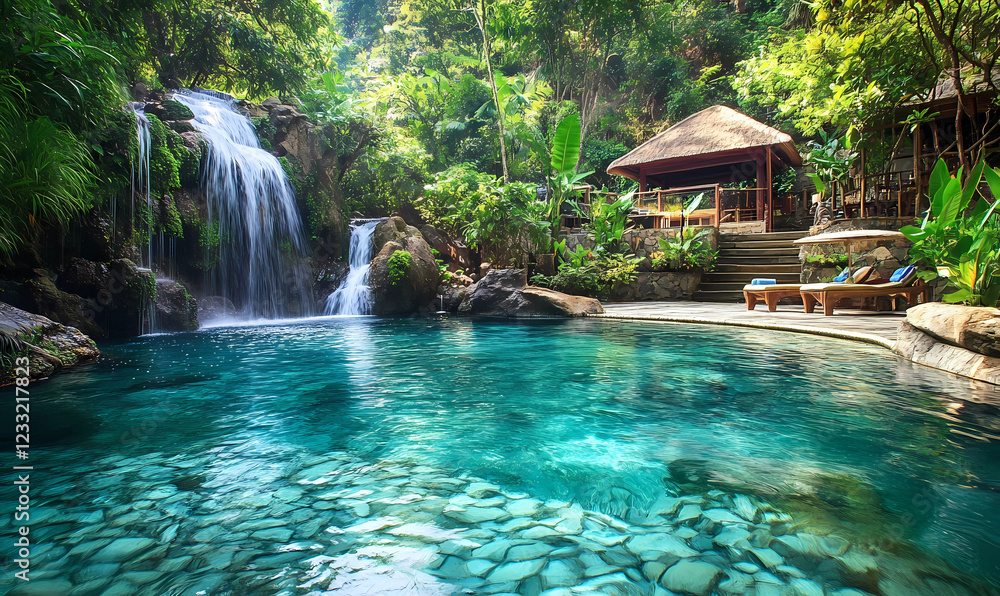 Naklejka premium Private Lagoon Pool with Clear Jade Waters – A Tranquil and Exclusive Pool in a Serene Setting