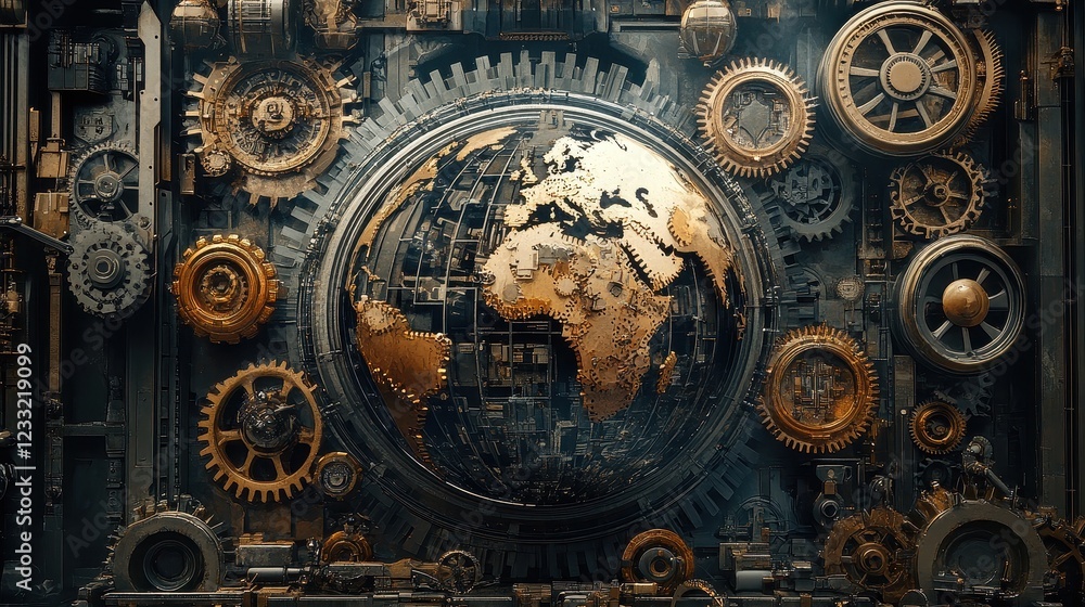 A Steampunk-inspired world trade scene, where gears and cogs form a mechanical globe, illustrating industrial-era global commerce reimagined with AI. A Steampunk-inspired world trade scene, where gears and cogs form a mechanical globe, illustrating industrial-era global commerce reimagined with AI.