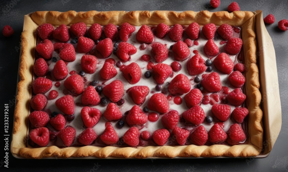 Freshly baked pastry tray with raspberries and sugar , bakery setup, raspberry toppings, sweet treats for breakfast Freshly baked pastry tray with raspberries and sugar , bakery setup, raspberry toppings, sweet treats for breakfast