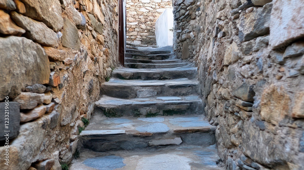 Greece, Tzia Kea island. Ioulis city narrow street with stairs and traditional stone walls Greece, Tzia Kea island. Ioulis city narrow street with stairs and traditional stone walls