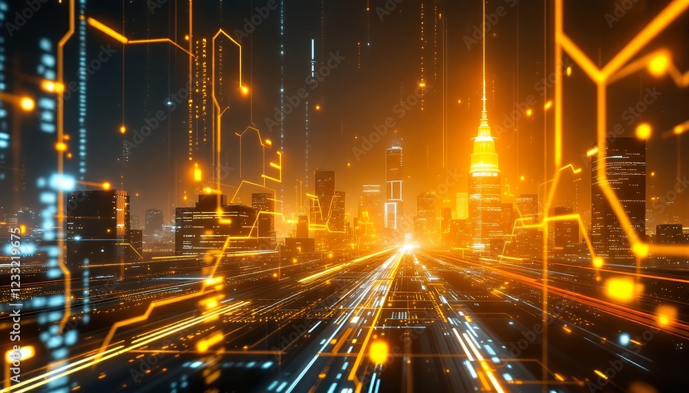 Naklejka premium Futuristic Cityscape: A Glowing Metropolis at Night