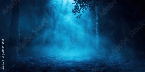Forest with a blue sky and foggy mist