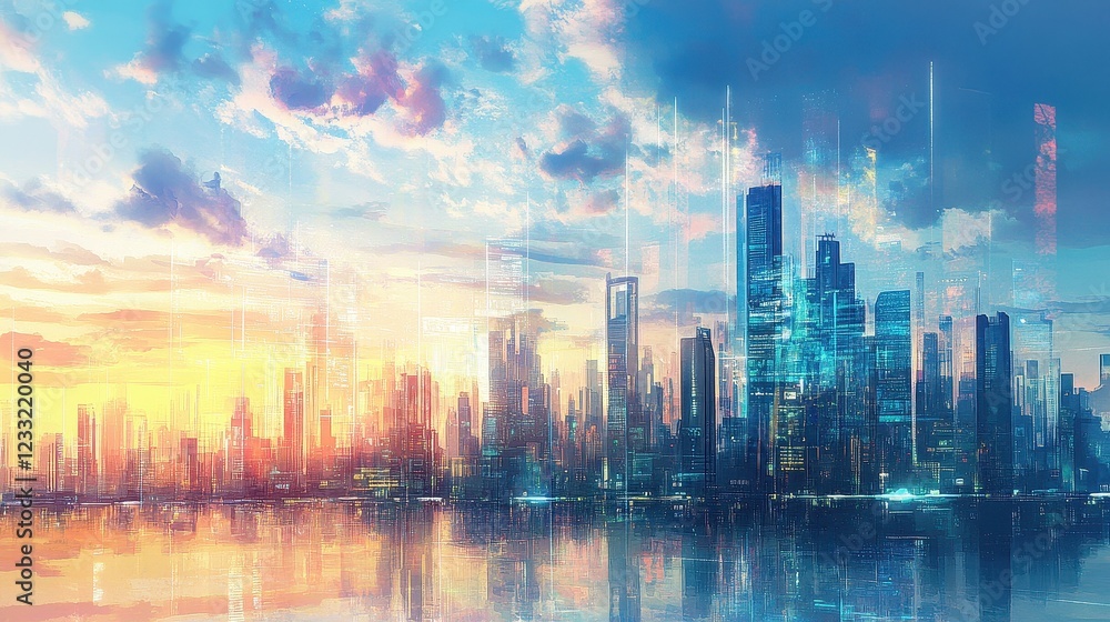 Fototapeta premium A watercolor-styled digital painting of a futuristic city skyline where global trade is visualized through holographic projections and AI-driven infographics. 