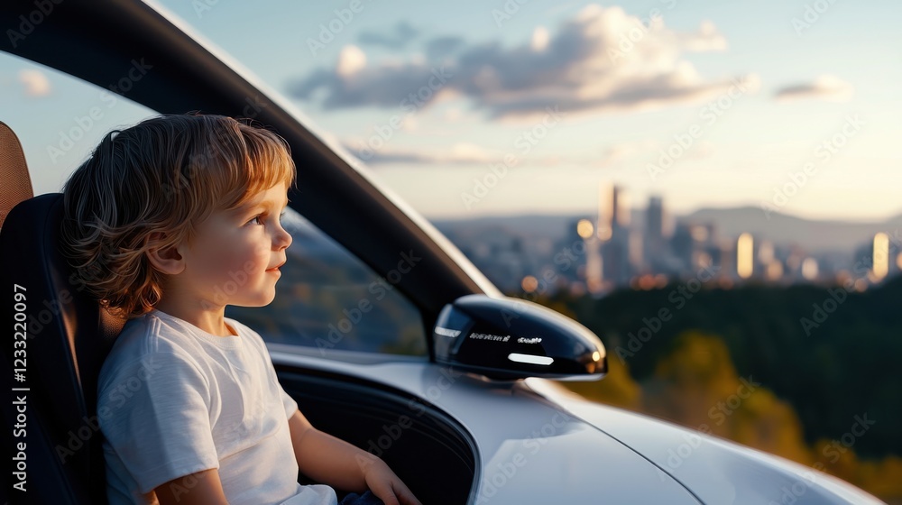 Fototapeta premium A young child at the cityscape from the backseat of an autonomous vehicle as the setting sun casts a warm glow over the urban landscape
