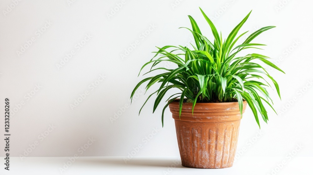 Fototapeta premium Lush Green Plant with Vibrant Leaves in a Rustic Terracotta Pot on a Minimalist White Background