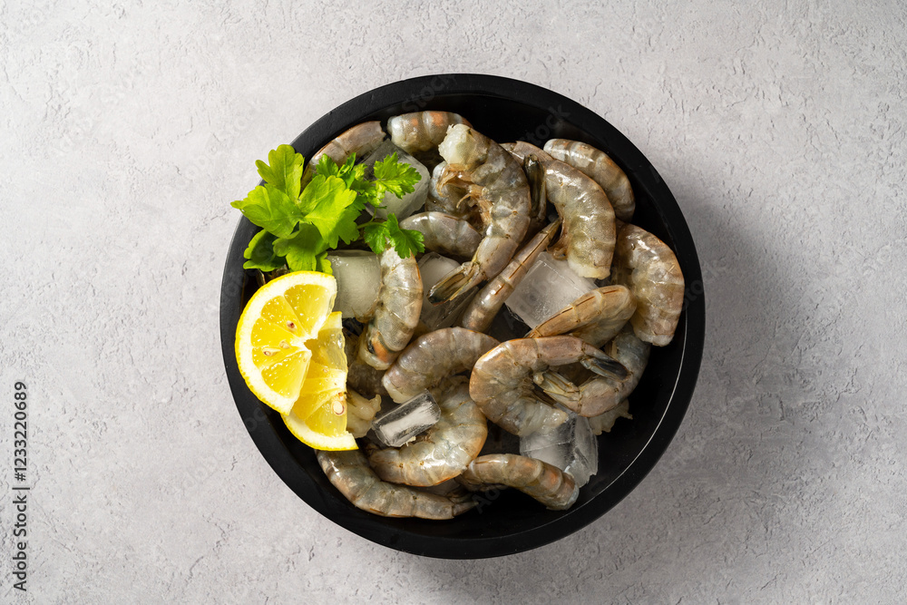 Raw Shrimps prawns and ice cubes with lemons Raw Shrimps prawns and ice cubes with lemons