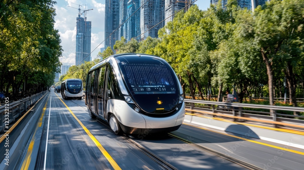 Fototapeta premium Autonomous electric public transportation vehicles seamlessly navigating through a modern green city landscape with futuristic skyscrapers and lush greenery in the background