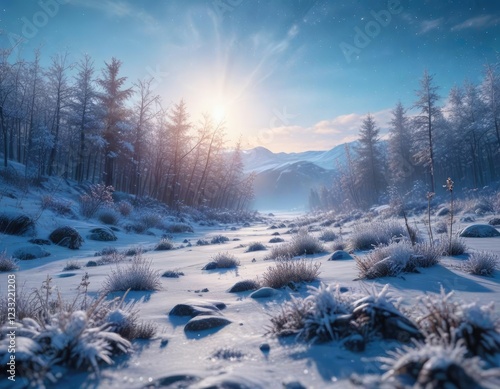 Frozen landscape with snowflakes gently falling on a blue background, winter scene, snowy environment, snowy ground photo