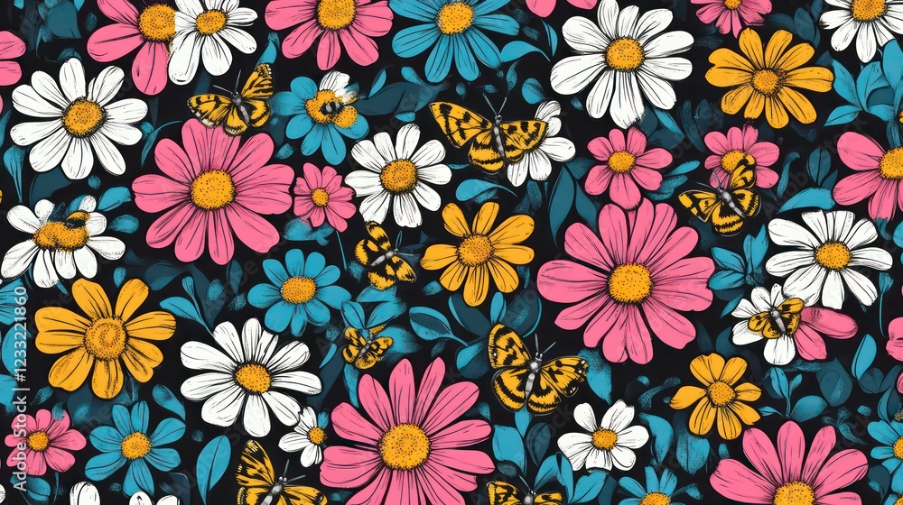 custom made wallpaper toronto digitalGroovy psychedelic summer flowers pattern. Funny retro seamless floral texture with cartoon butterfly and bee, crazy daisy with many eyes, hippie background of 70s 80s style vector illustration