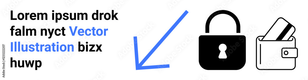 Black lock and wallet with credit cards, blue arrow pointing from placeholder text. Ideal for online security, financial protection, privacy, secure transactions, data safety, modern finance Black lock and wallet with credit cards, blue arrow pointing from placeholder text. Ideal for online security, financial protection, privacy, secure transactions, data safety, modern finance