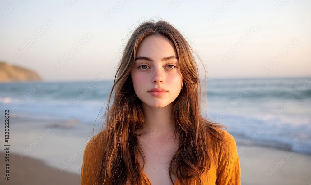 Woman beach sunset portrait calm ocean Woman beach sunset portrait calm ocean