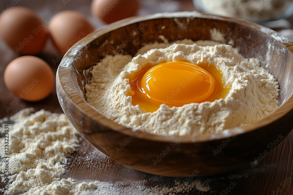 Egg yolk in wooden bowl full of flour with ingredients around. Recipe and baking concept background. Egg yolk in wooden bowl full of flour with ingredients around. Recipe and baking concept background.