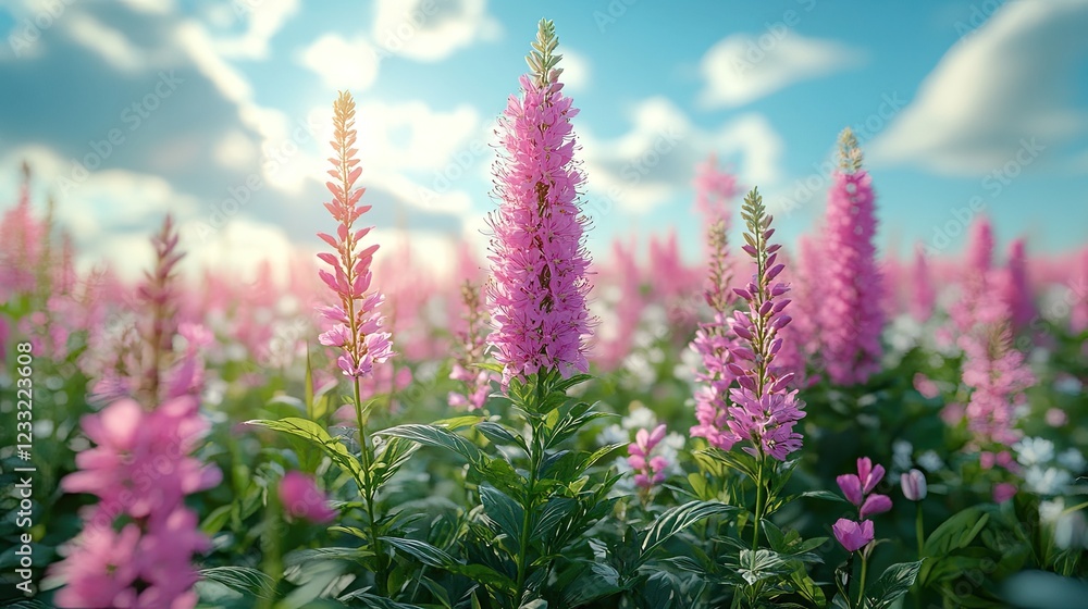 Obraz premium A field of pink flowers blossoms under a bright sky with fluffy clouds during the day