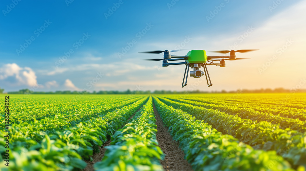 Drone flying over lush green farm in bright sunlight Drone flying over lush green farm in bright sunlight