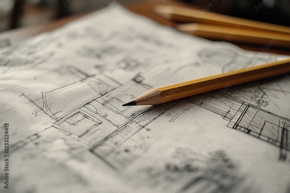 Architectural blueprint sketch with yellow pencils on a wooden desk planning new construction Architectural blueprint sketch with yellow pencils on a wooden desk planning new construction