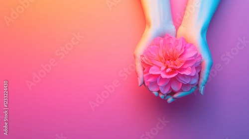 and Ethereal Image of Glowing Hands Holding a Vibrant Colorful Floral Bouquet Against a Soft Textured Background Representing Creativity Imagination and Emotional Expression
