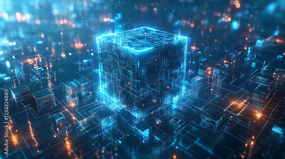 Fototapeta premium one big center tech cube linked with small cubes, technology, futurism, blue colors 