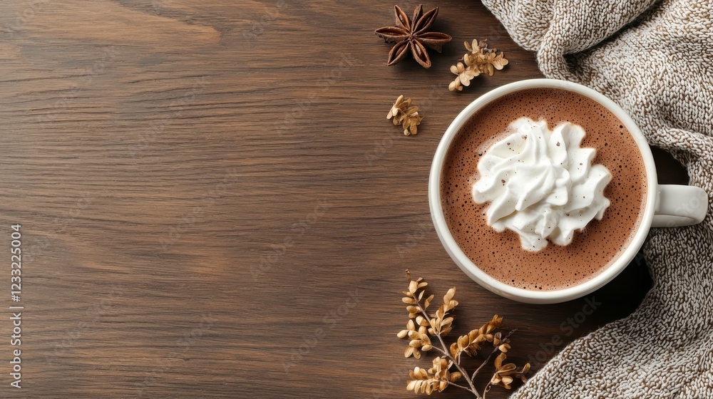 A steaming hot chocolate cup topped with fluffy whipped cream surrounded by cozy winter elements on a rustic wooden background creating a comforting and inviting scene A steaming hot chocolate cup topped with fluffy whipped cream surrounded by cozy winter elements on a rustic wooden background creating a comforting and inviting scene